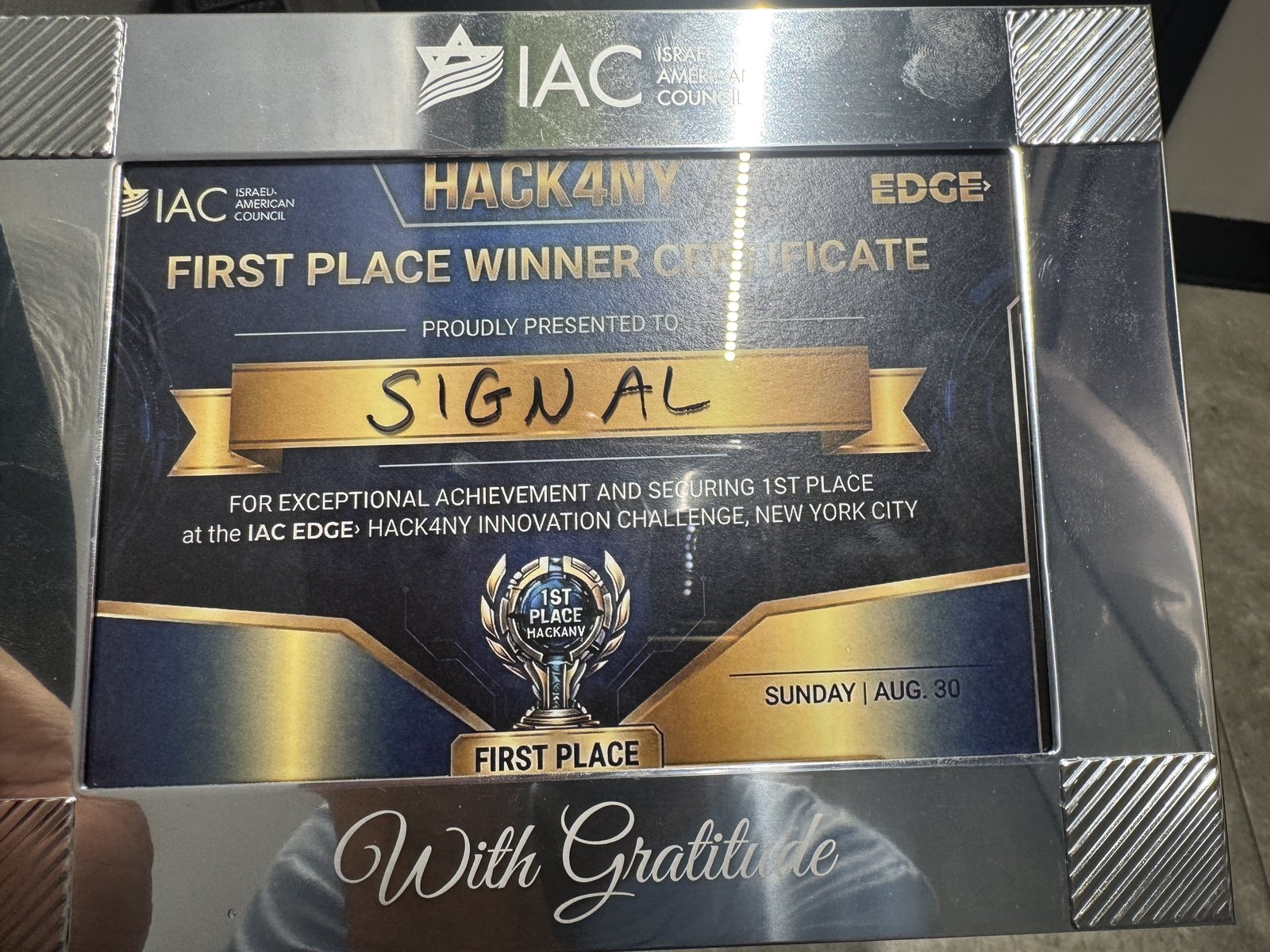 Team Signal's First Place Winner certificate from the IAC EDGE Hack4NY Innovation Challenge in New York City